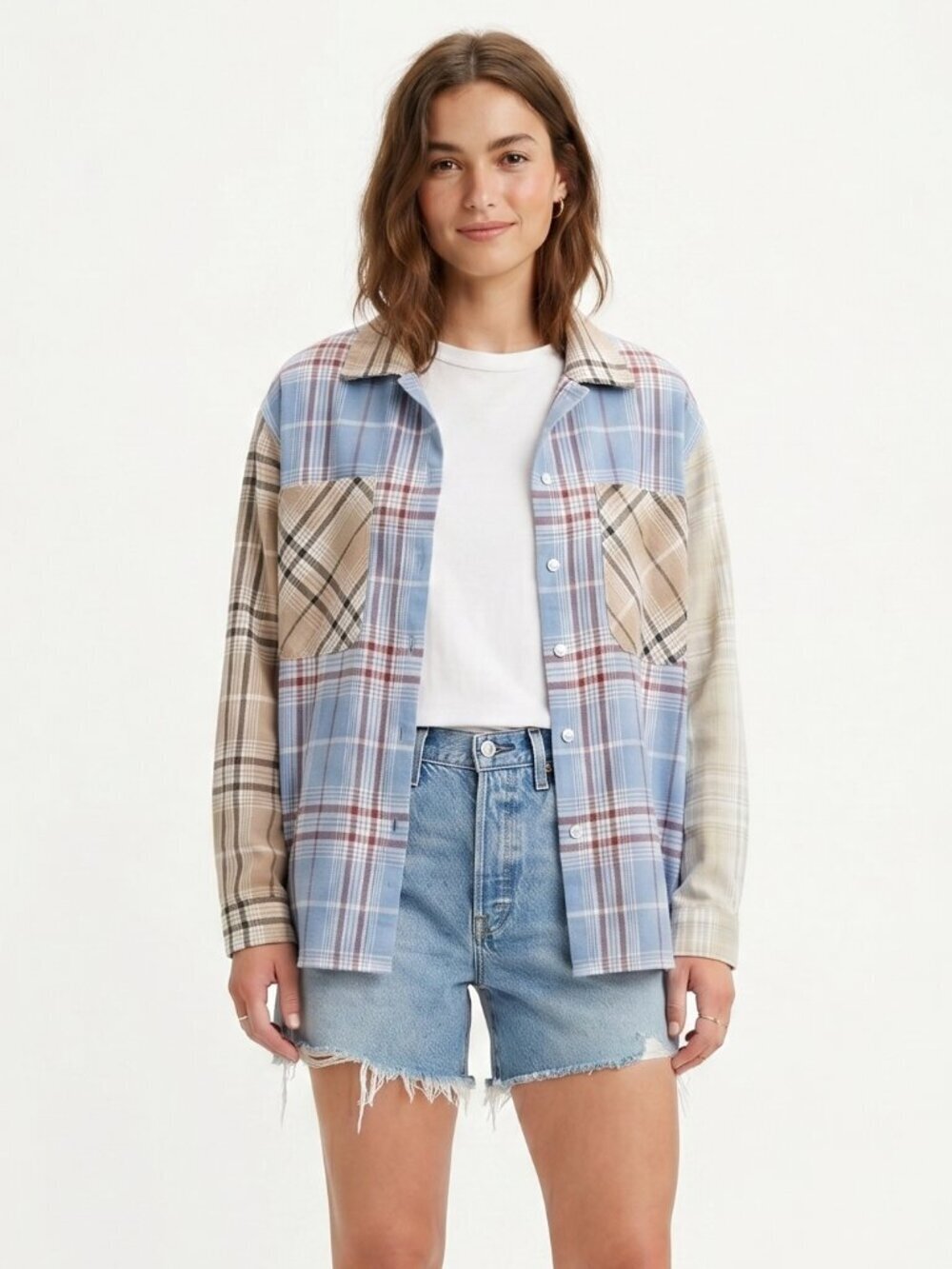 Plaid Patchwork Cotton Blend Button-Up Shirt Size Small, Coastal Grandma, Preppy